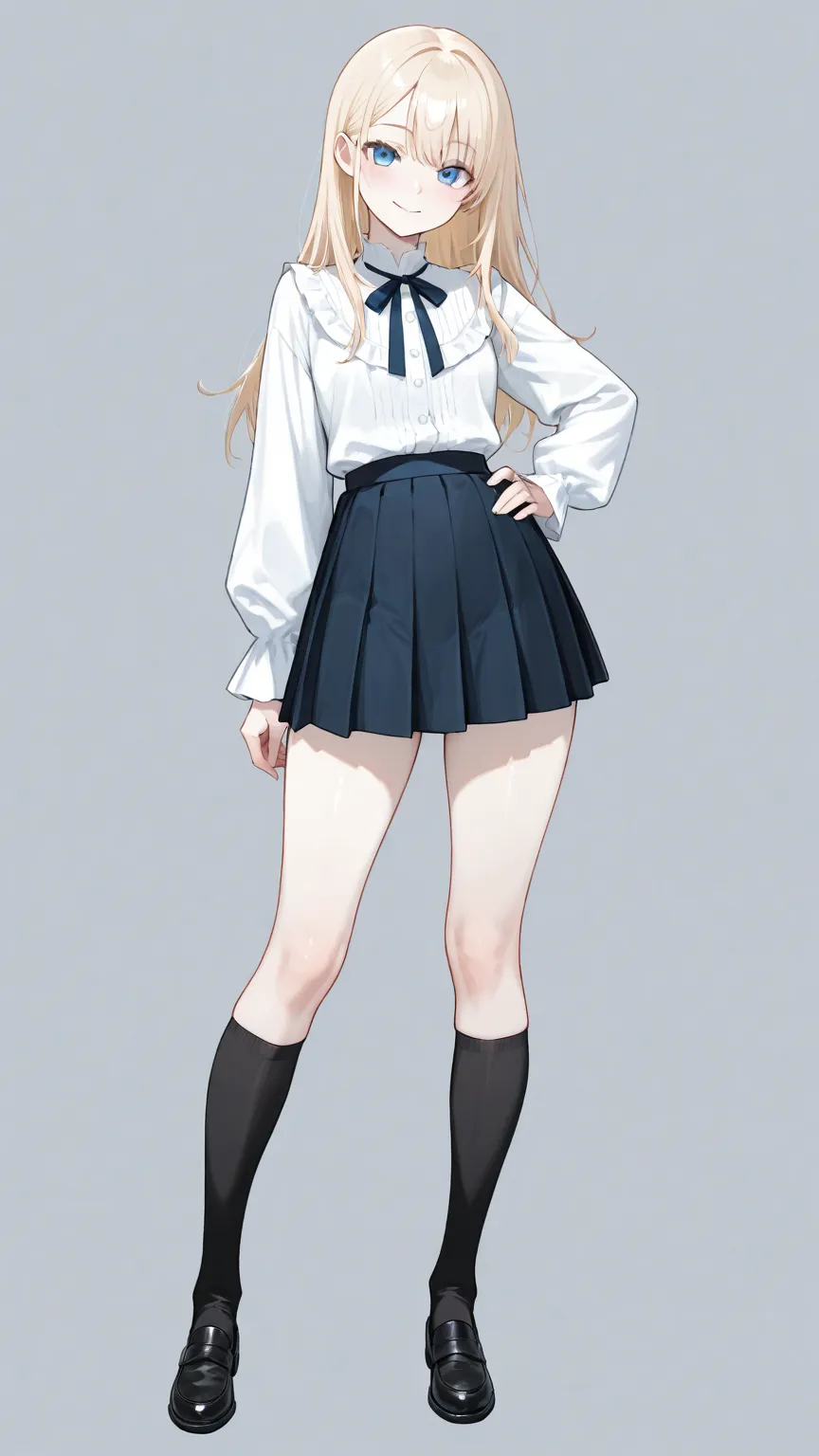 A character created purely from basic tags — blue eyes, long blonde hair, white blouse, pleated skirt. No LoRAs, just tag-based definition on an Illustrious checkpoint.