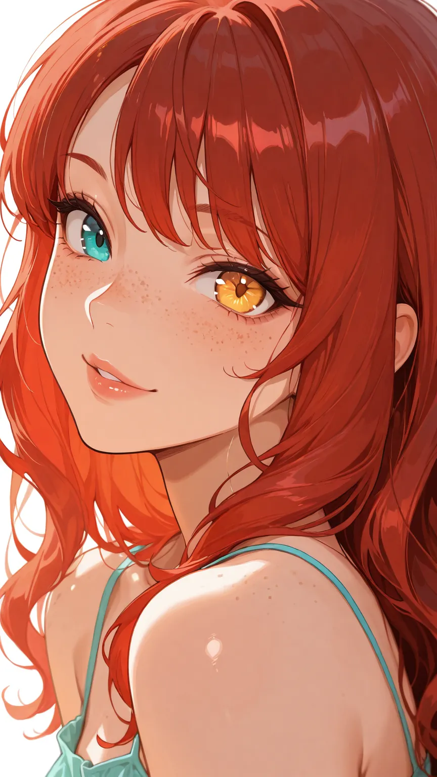 Specific facial tags in action — freckles, heterochromia, round face, and a beauty mark combine to create a face that’s immediately distinctive from the AI default.