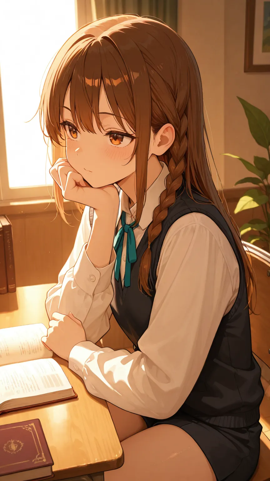 A refined character produced through img2img iteration — the warm lighting, natural pose, and detailed environment show what successive refinement passes can achieve.