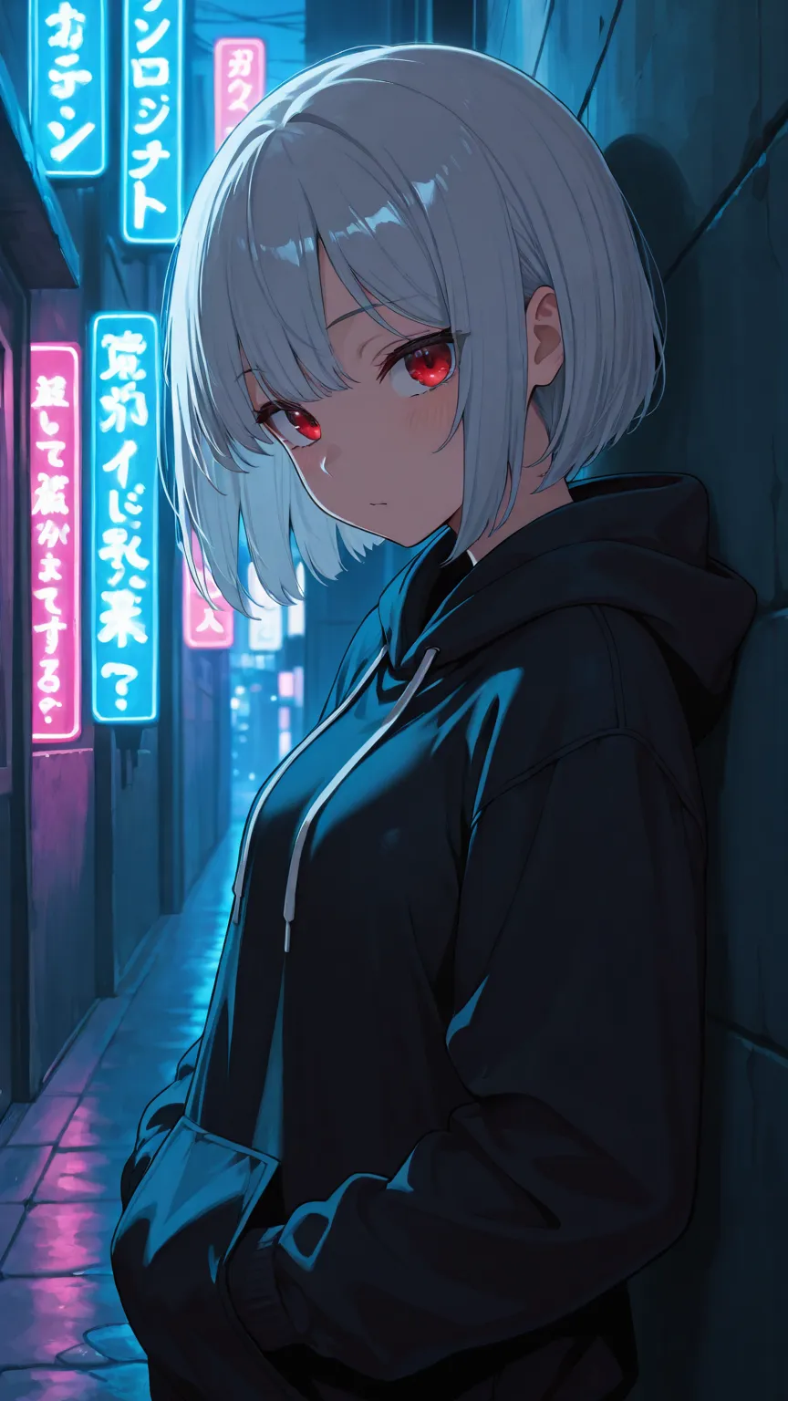 Another wildcard variation — silver bob cut, red eyes, urban night setting. Same pipeline, entirely different character. Out of hundreds of generations, you curate the standouts.