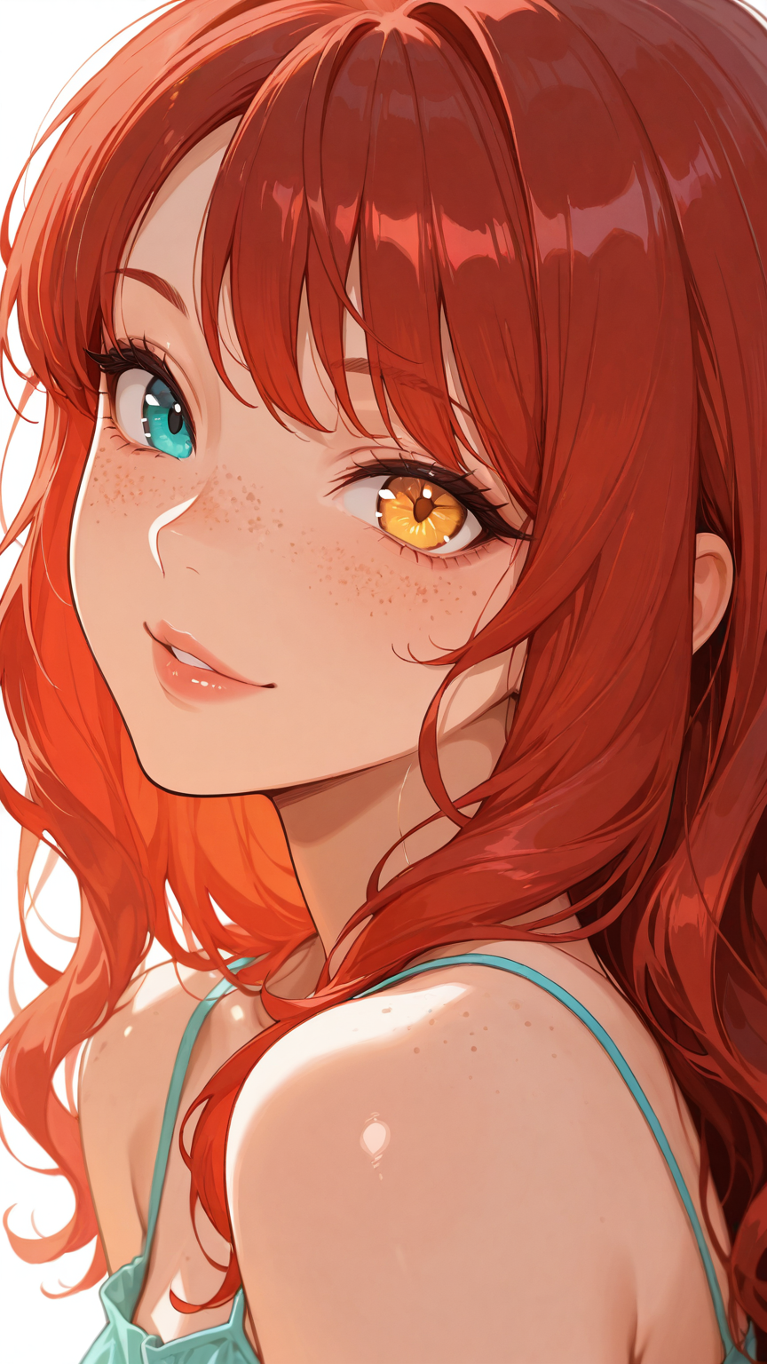 Specific facial tags in action — freckles, heterochromia, round face, and a beauty mark combine to create a face that's immediately distinctive from the AI default.