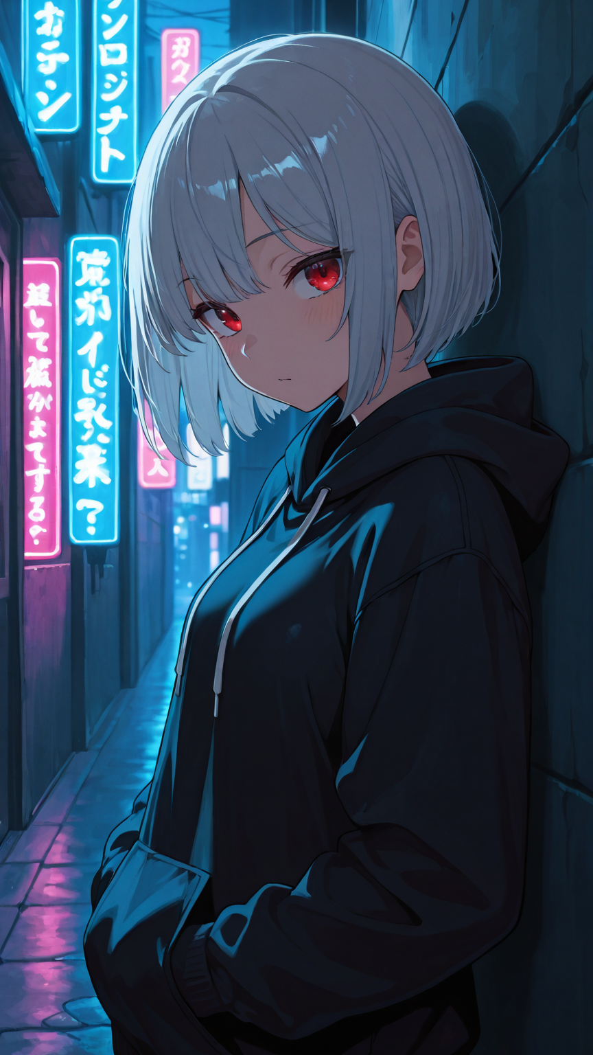 Another wildcard variation — silver bob cut, red eyes, urban night setting. Same pipeline, entirely different character. Out of hundreds of generations, you curate the standouts.